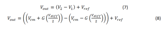 Equations 7, 8: instrumentation amplifier gain equations