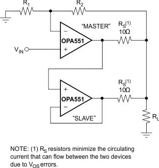 OPA551 OPA552 parallel_amp_increase_output_current_cap_sbos100.gif