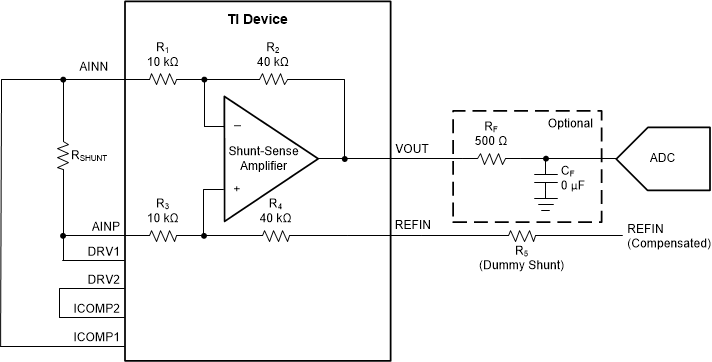 DRV425-Q1 drv425-internal-difference-amplifier-with-an-example-of-a-decoupling-filter.gif