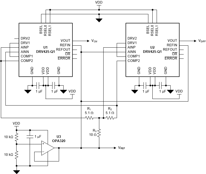DRV425-Q1 drv425-q1-schematic-of-a-drv425-q1-based-busbar-current-sensing-circuit.gif