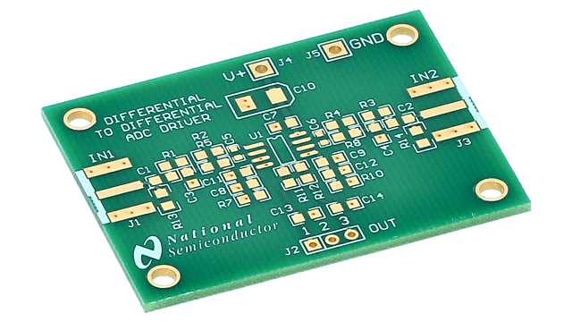 551600075-001/NOPB Differential to Differential ADC Driver PCB for LMH6612 and LMH6619 (SOIC package, unstuffed) angled board image