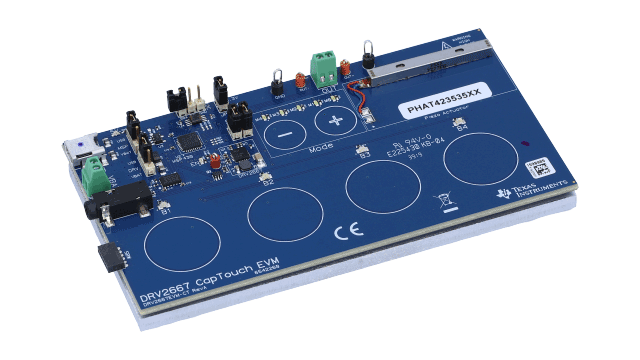 DRV2667EVM-CT 具有升壓、數位前端及內部波形記憶功能的壓電觸控驅動器 EVM angled board image