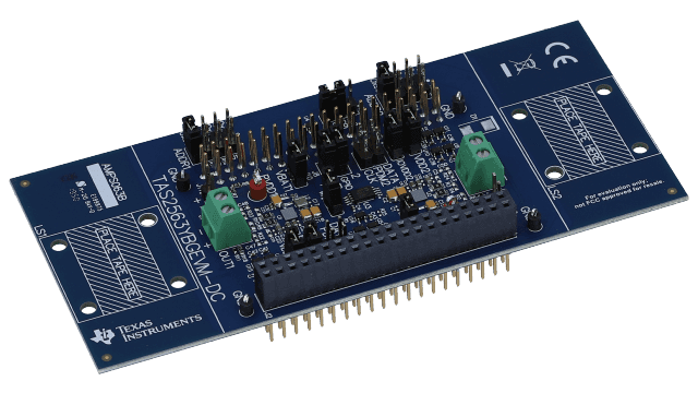 TAS2563YBGEVM-DC <p>TAS2563 DSBGA 6-W smart amp with integrated DSP daughter card evaluation module (motherboard needed)</p> angled board image