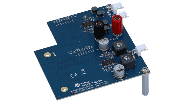 TAS5756MDCAEVM TAS5756M 30-W Digital I2S Input, Closed-Loop Audio Class-D Amplifier Evaluation Module angled board image