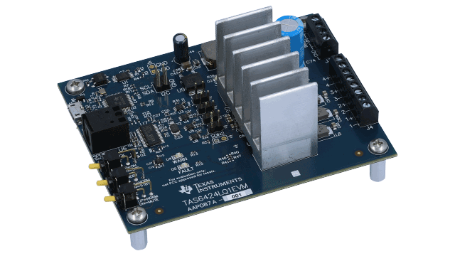 TAS6424LQ1EVM 具有 I2C 诊断功能的 TAS6424LQ1 2.1MHz 四通道数字输入 D 类音频放大器评估模块 angled board image