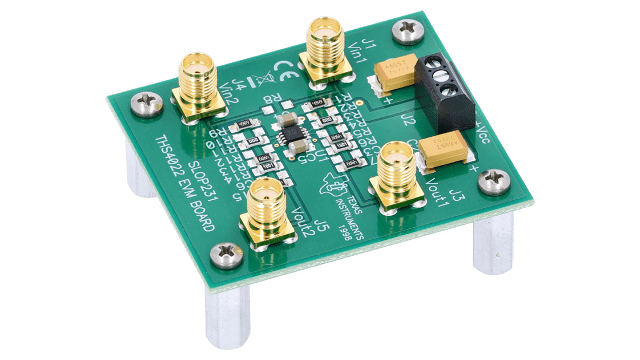 THS4022EVM <p>THS4022 High STHS4022 evaluation module for 2-GHz, dual-channel ultra-low-noise voltage-feedback amplifierpeed Amplifier Evaluation Module</p> angled board image