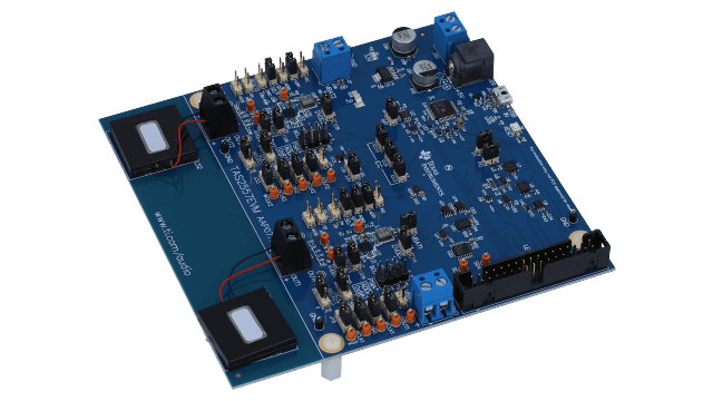 TAS2557EVM TAS2557 5.7-W Class-D Audio Amplifier Evaluation Module with Class-H Boost and Speaker Sense angled board image