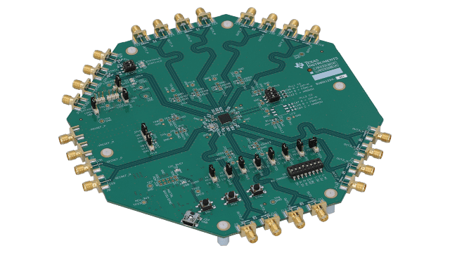 LMK03318EVM LMK03318EVM Ultra-Low-Jitter Clock Generator EVM With 1 PLL, 8 Differential Outputs, and 2 Inputs angled board image
