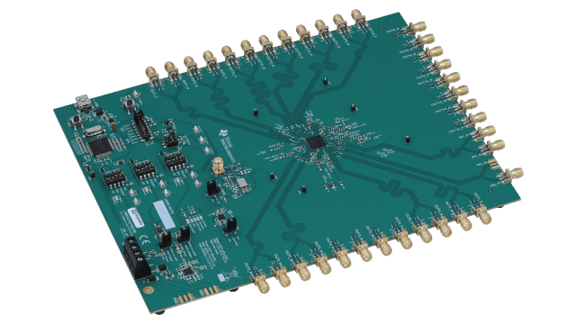 LMK5C33216EVM Módulo de evaluación LMK5C3316 de sincronizador de reloj DPLL con 2 entradas y 16 salidas angled board image