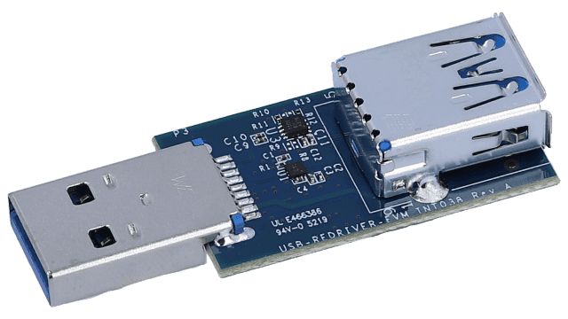 USB-REDRIVER-EVM Módulo de evaluación de recontrolador de USB 2.0 y USB 3.0 angled board image