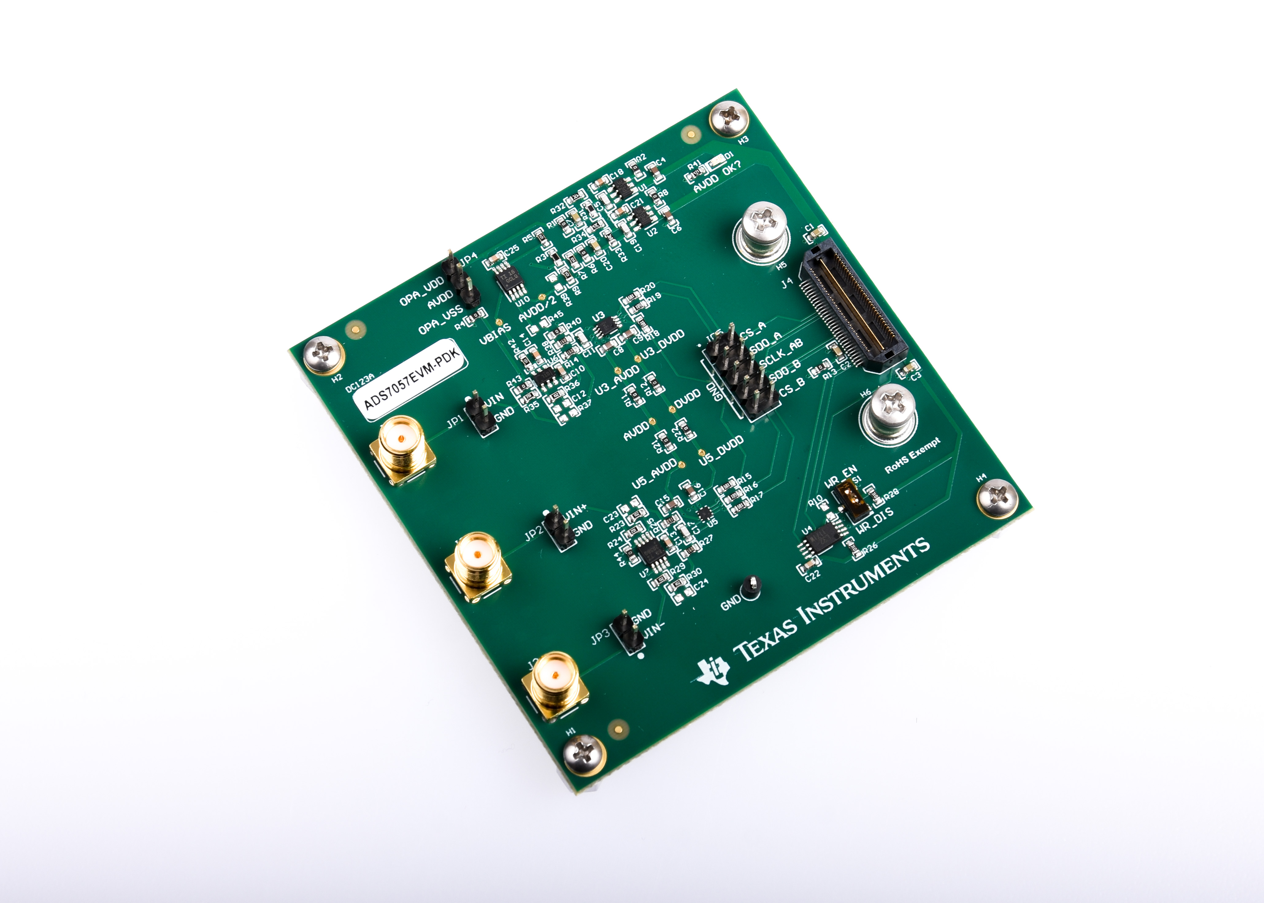 ADS7057EVM-PDK ADS7057 14-Bit, 2.5MSPS, Small-Size Low-Power SAR ADC Performance Demonstration Kit (PDK) angled board image