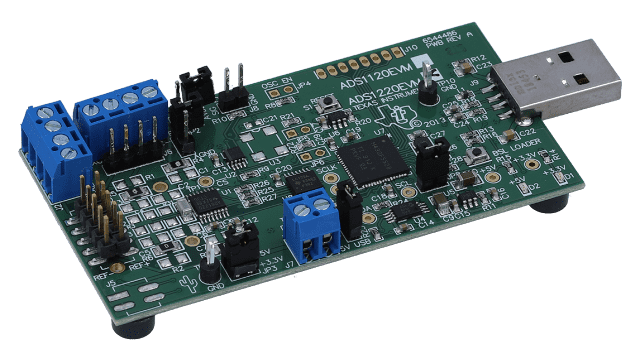 ADS1220EVM 低消費電力、低ノイズ、24 ビット AD コンバータ用評価モジュール angled board image