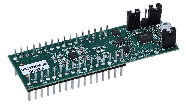 DAC63204EVM DAC63204 evaluation module for four-channel, 12-bit, VOUT and IOUT smart DAC angled board image