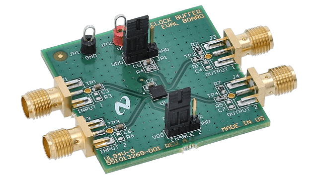 LMH2180SDEVAL Evaluation Board for the LMH2180 75 MHz Dual Clock Buffer angled board image