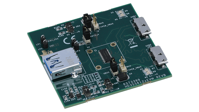 HD3SS6126EVM USB 3.0 差動開關 2:1 和 1:2 多工器和解多工器評估模組 angled board image