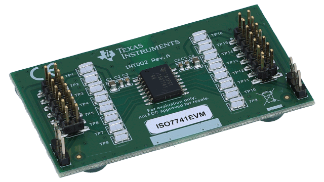ISO7741EVM ISO7741 高速で堅牢な EMC 4 チャネル・デジタル・アイソレータの評価モジュール angled board image