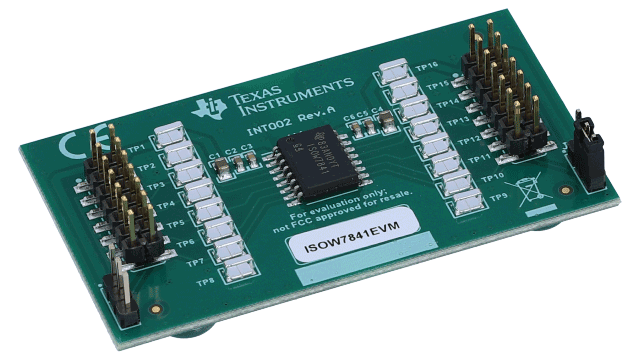 ISOW7841EVM 통합 DC/DC 컨버터를 지원하는 ISOW7841 쿼드-채널 디지털 아이솔레이터 평가 모듈 angled board image