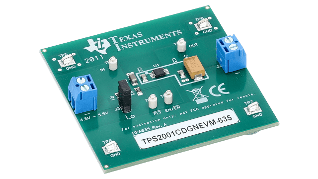 TPS2001CDGNEVM-635 Evaluation Module for TPS2001C Single Channel, Current-Limited USB Power Distribution Switch angled board image