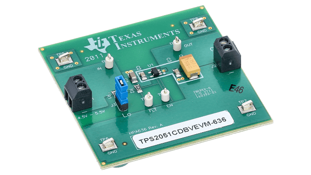 TPS2051CDBVEVM-636 電流制限 USB パワー・ディストリビューション・スイッチ 評価モジュール angled board image