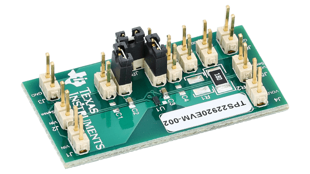 TPS22920EVM-002 Evaluation Module for TPS22920 Ultra-Low rON, 4A Single Channel Load Switch with Controlled Turn On angled board image