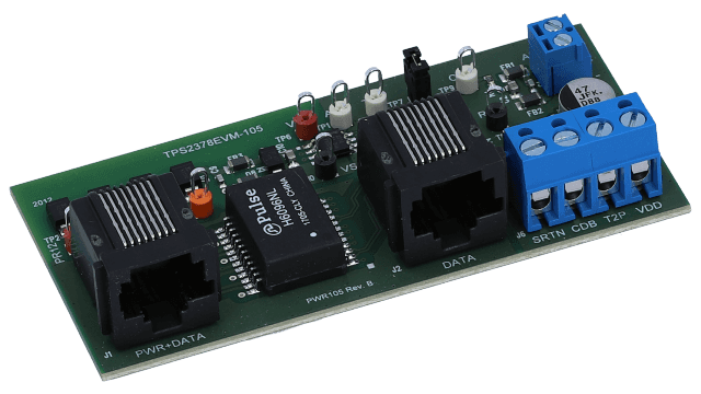 TPS2378EVM-105 Evaluation Module for TPS2378 High Efficiency IEEE 802.3at PD Controller with Integrated DC/DC angled board image