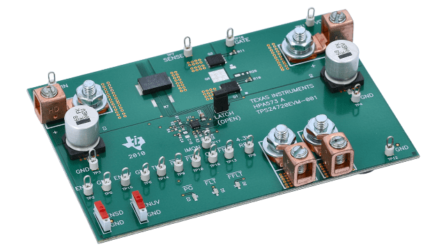 TPS24720EVM-001 Evaluation Module for TPS24720 Positive Voltage, Power-Limiting Hotswap Controller angled board image