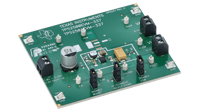 TPS2500EVM-337 パワー・ディストリビューション・スイッチ低入力電圧評価モジュール、TPS2500 用 angled board image