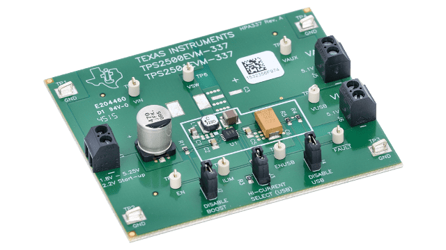 TPS2501EVM-337 パワー・ディストリビューション・スイッチ低入力電圧評価モジュール、TPS2501 用 angled board image