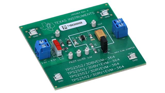TPS2553DBVEVM-364 パワー・ディストリビューション・スイッチ、可変電流制限付、評価モジュール、TPS2553DBVEVM-364 用 angled board image