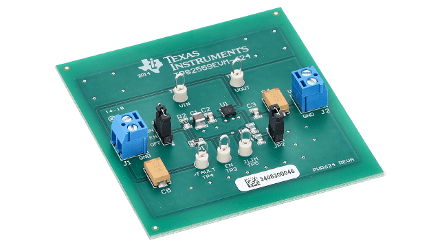 TPS2559EVM-624 TPS2559EVM-624 Präzisionsschalter mit einstellbarer Strombegrenzung zur Leistungsverteilung angled board image