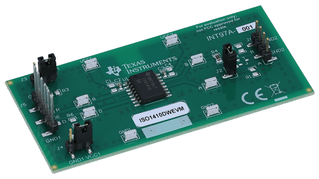 ISO1410DWEVM ISO1410DW High Performance, Robust EMC Isolated RS-485 Evaluation Module angled board image