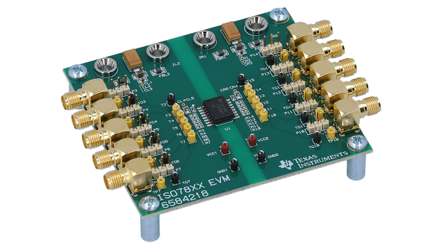 ISO7842-EVM High-Immunity, 5.7kVRMS Reinforced Quad-Channel 2/2 Digital Isolator Evaluation Module angled board image