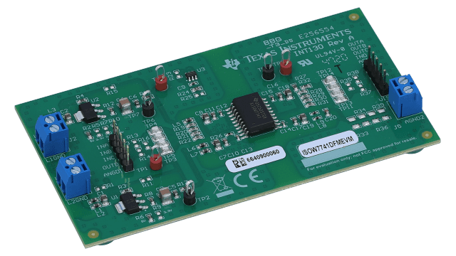 ISOW7741DFMEVM ISOW7741 quad-channel digital isolator with integrated DC-DC converter evaluation module angled board image