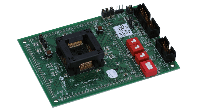 MSP-TS432PZ100 Placa de desarrollo destino de 100 pines para MCU SimpleLink&trade; MSP432P4x (microcontrolador no incluido) angled board image