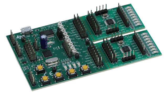 DRV8860EVM DRV8860EVM – Evaluierungsmodul für Octal, Lowside-Treiber mit serieller Schnittstelle angled board image