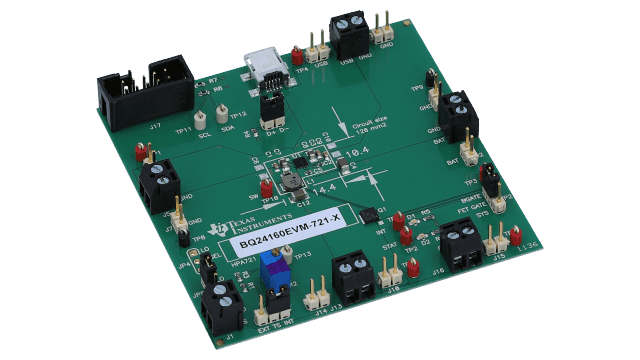 BQ24160EVM-721 전원 경로를 지원하는 2.5A 듀얼 입력 단일 셀 스위치 모드 리튬 이온 배터리 충전기 레퍼런스 디자인 angled board image
