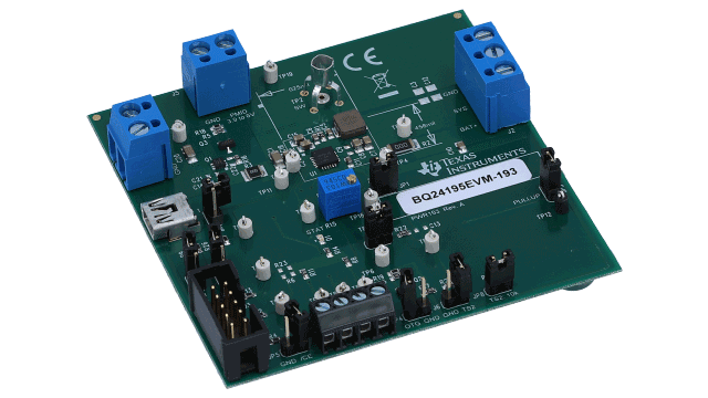 BQ24195EVM-193 Módulo de evaluación de cargador USB/adaptador BQ2419X de una sola celda de 4,5 A controlado por I2C angled board image