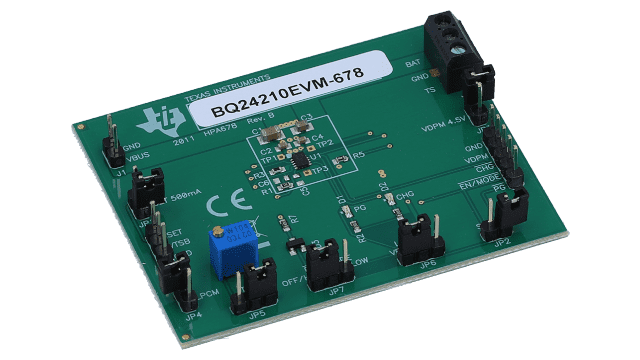 BQ24210EVM-678 評価モジュール、BQ24210 用、800mA、シングル入力、単セル・リチウムイオン・バッテリー太陽光充電器 angled board image