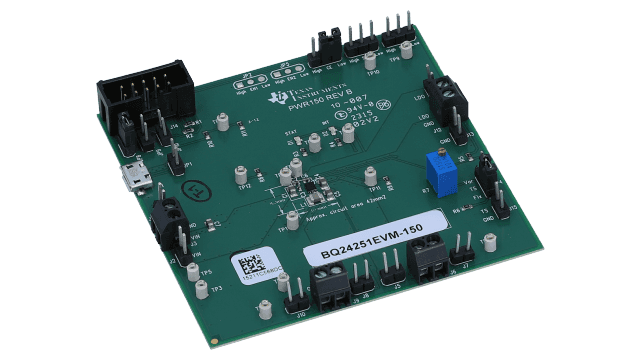 BQ24251EVM-150 BQ24251EVM-150 Single Input I2C/Standalone Switch-Mode Li-Ion Battery Charger  Evaluation Module angled board image