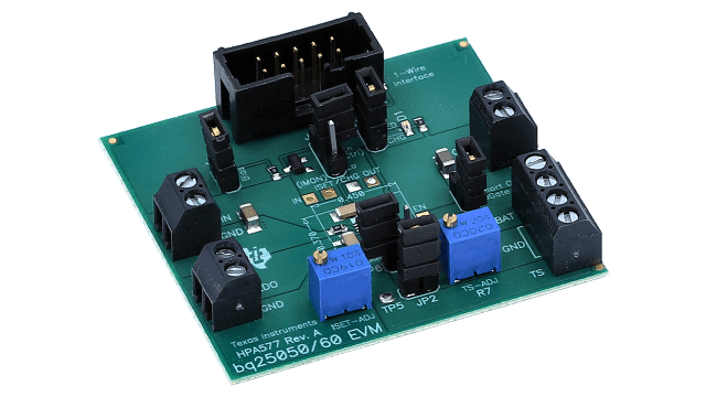 BQ25050EVM 評価モジュール、BQ25050 用、1A、シングル入力、単セル・リチウムイオン・バッテリー・チャージャ、50mA LDO 付 angled board image