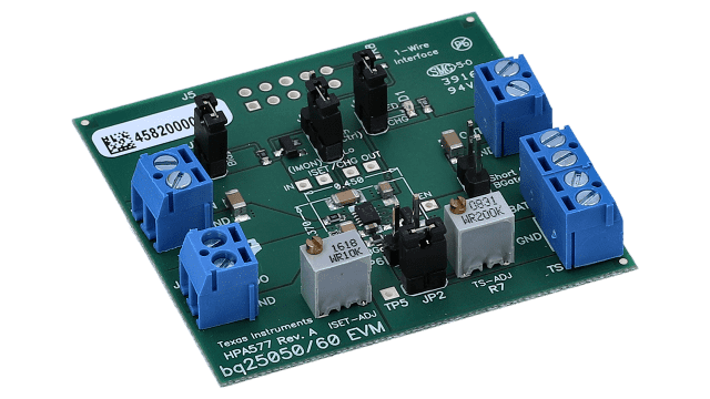 BQ25060EVM 評価モジュール、BQ25060 用、1A、シングル入力、単セル・リチウムイオン・バッテリー・チャージャ、50mA LDO 付 angled board image