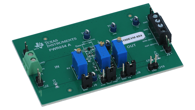 BQ25100EVM-654 バッテリ充電ソリューション、シングル・セル・リチウム・イオン・バッテリ駆動システムの評価モジュール angled board image