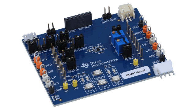 BQ25150EVM Low IQ advanced powerpath charge management solution for wearables and hearables evaluation module angled board image