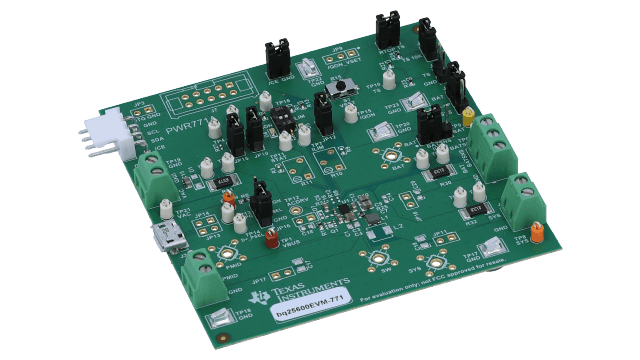 BQ25600EVM-771 BQ25600 Single Cell 3-A I2C Battery Charger Evaluation Module with NVDC Power Path Management angled board image