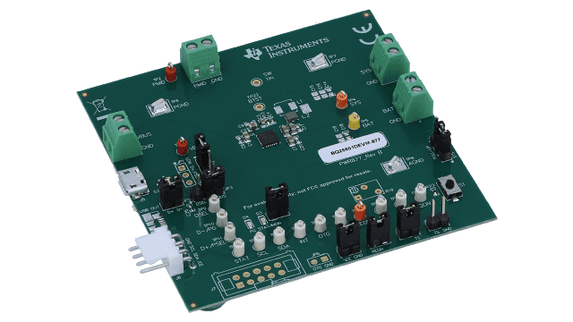 BQ25601DEVM-877 具有 NVDC 电源路径管理功能的 BQ25601D 单节 3A 电池充电器评估模块 angled board image
