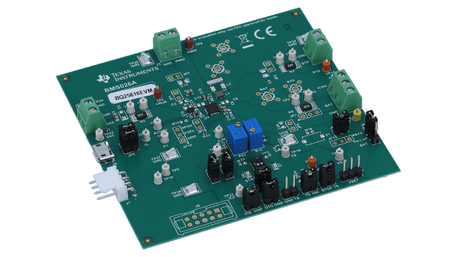 BQ25616EVM Standalone 1-cell 3-A buck battery charger evaluation module with USB BC1.2 detection angled board image