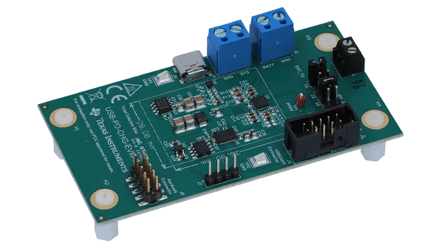 USB-PD-CHG-EVM-01 Integrated USB Type-C® Power Delivery (PD) and charging reference design for 2-4 cell batteries EVM angled board image