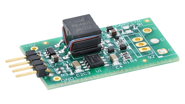 UCC5390SCDEVM-010 Compact Single-Channel 3-kVrms Isolated 17-A Gate Drive Bias Supply Evaluation Module angled board image
