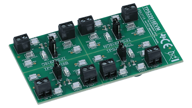 TPS22916EVM TPS22916 5.5V, 2A, 60mΩ On-Resistance Load Switch Evaluation Module angled board image
