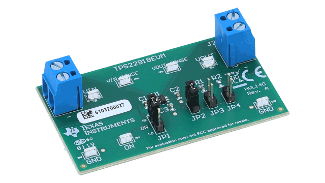 TPS22918EVM TPS22918 5.5V、2A、52mΩ オン抵抗ロード・スイッチの評価モジュール angled board image